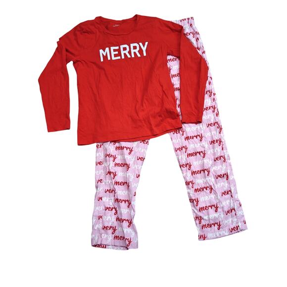 J Crew Pink Red White Merry Holiday Pajama Set Lounge Womens Medium - Picture 9 of 9